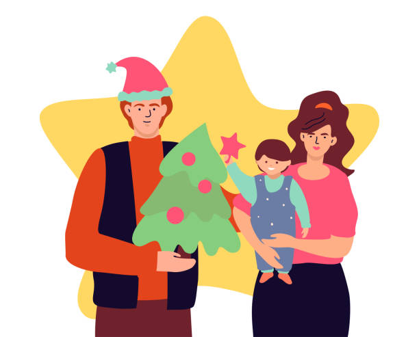 istock Happy family at Christmas tree - colorful flat design style illustration 1355305614