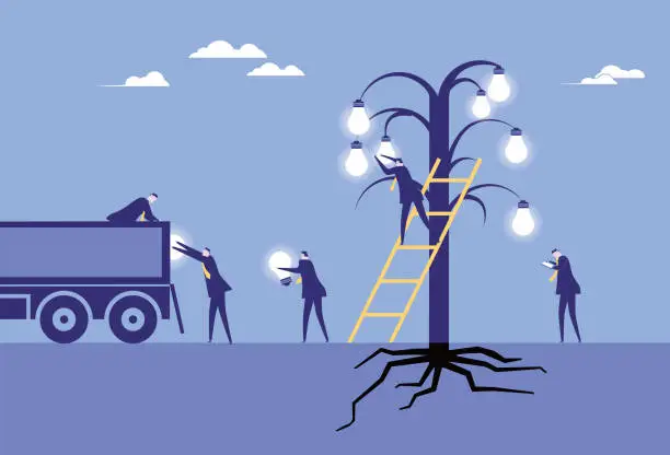 Vector illustration of Business man picks the creative fruits of the harvest and puts them on the car