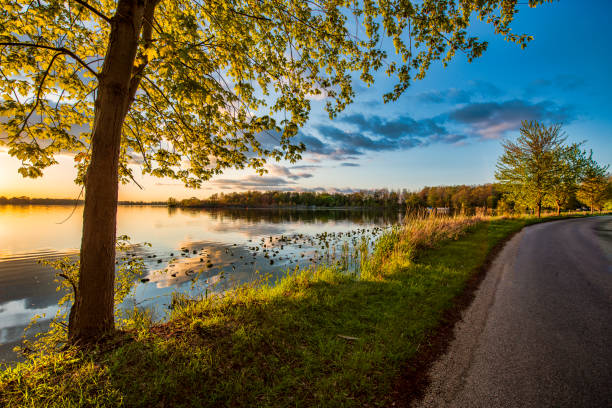 istock Rural road at the lake at sunset 1355306143