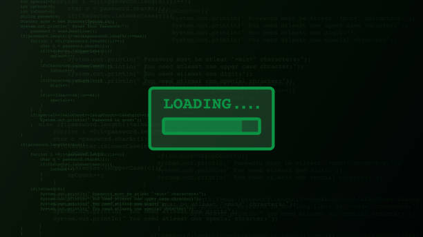 Retro look loading bar on a green monitor screen with coding