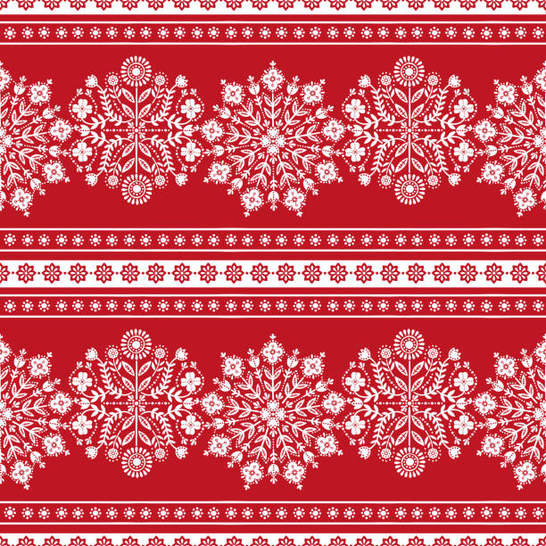 Scandinavian folk art Christmas stamp pattern seamless border vector. Nordic style background. Norwegian embroidery design Scandinavian folk art Christmas stamp pattern seamless border vector. Nordic style background. Norwegian embroidery design for holiday wallpaper, gift wrapping paper, season fabric textile. slavic culture stock illustrations