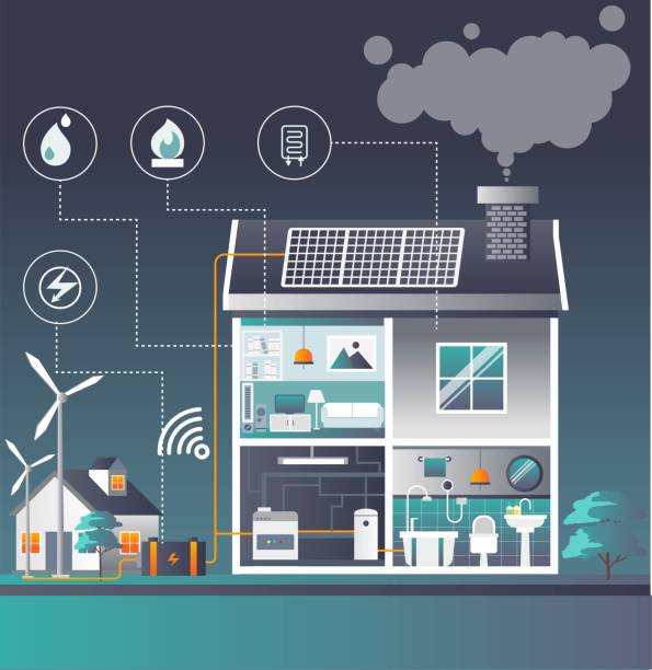 ilustrações, clipart, desenhos animados e ícones de ilustração vetorial isométrica plana, o fluxo de energia de um moinho de vento para se tornar eletricidade - house diagram