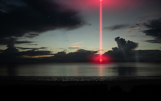 Neon beam from the night sea, energy explosion, futuristic background
