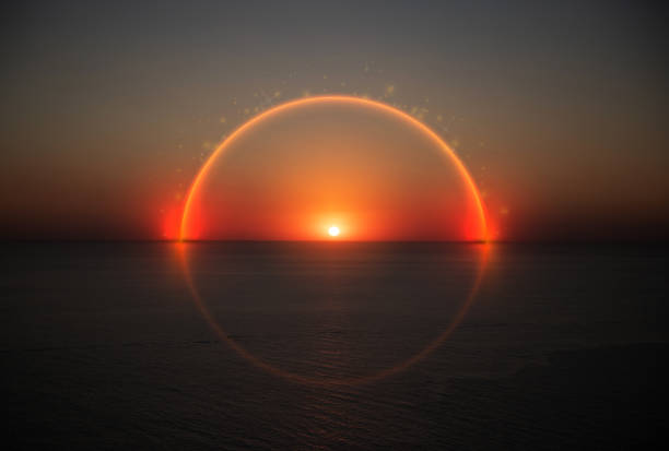 Sunset on the sea emerging from the water neon glowing frame, futuristic background