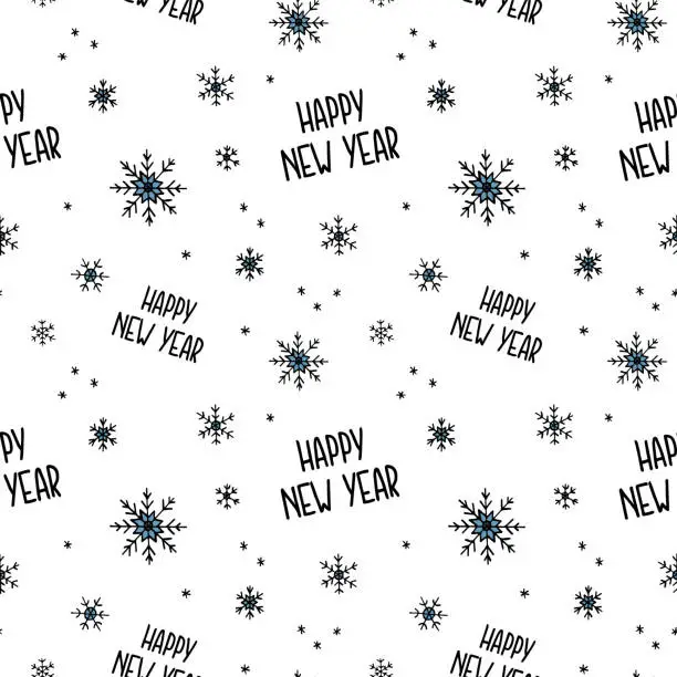 Vector illustration of Christmas and New Year's Seamless Pattern. Seamless background with snowflakes and Happy New Year inscription.