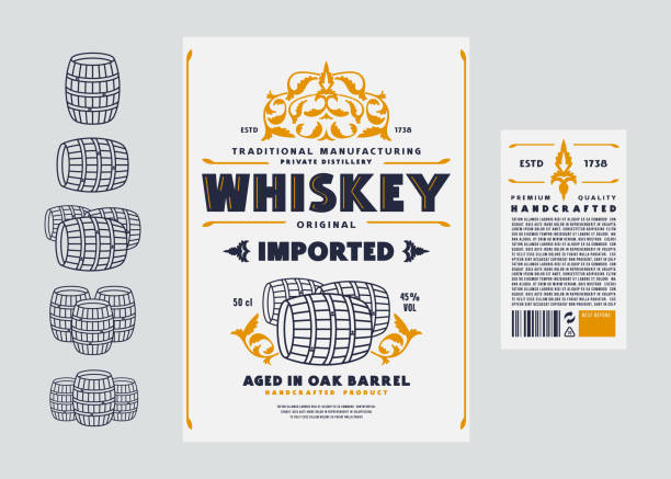 Template decorative label for whiskey Template decorative label for whiskey and other alcohol drink. Floral ornament in renaissance style and barrel icons. Vector illustration bourbon barrel stock illustrations