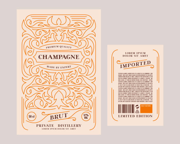Template of decorative label for champagne Template of decorative label for champagne and other alcohol drink. Floral ornament in thin line style. Vector illustration Champagne stock illustrations
