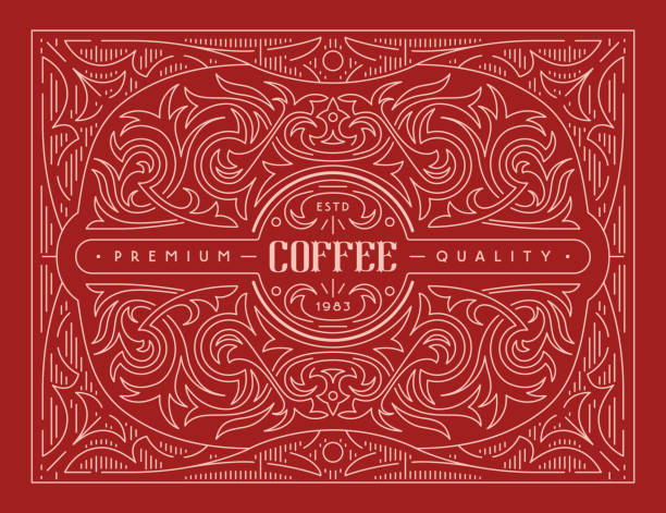 Template decorative label for coffee drink Template decorative label for coffee drink. Ornamental frame in thin line style. Vector illustration. White print on red background label drawings stock illustrations