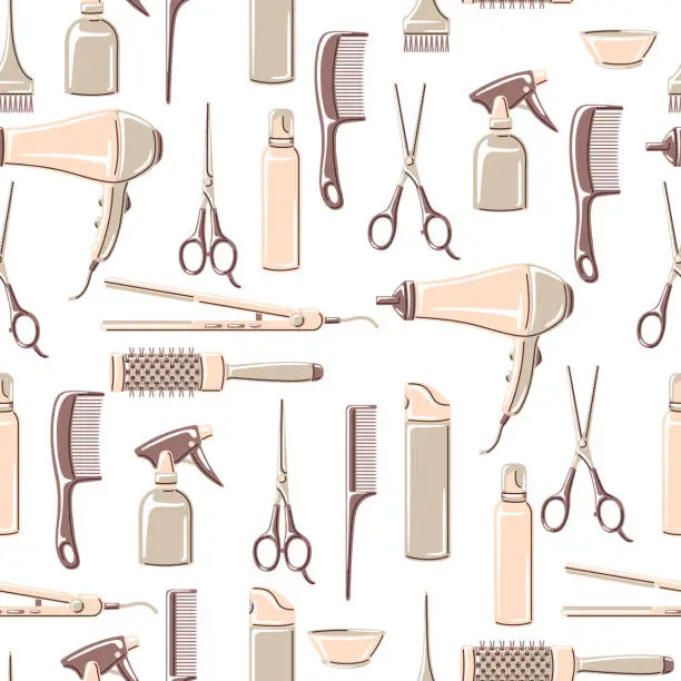 Vector illustration of Barbershop seamless pattern with professional hairdressing tools. Haircutting background.