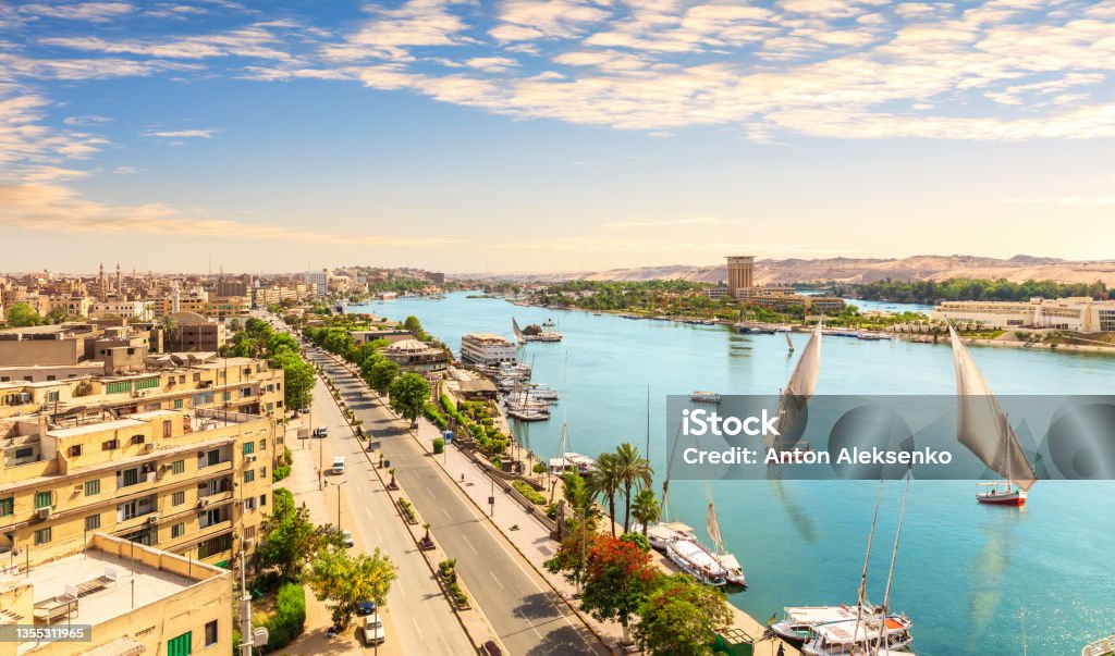 Panorama of Aswan and the Nile with sailboats, aerial view, Egypt Panorama of Aswan and the Nile with sailboats, aerial view, Egypt. Nile River Stock Photo
