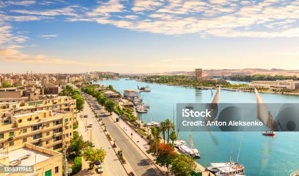 Panorama Of Aswan And The Nile With Sailboats Aerial View Egypt Stock Photo - Download Image Now
