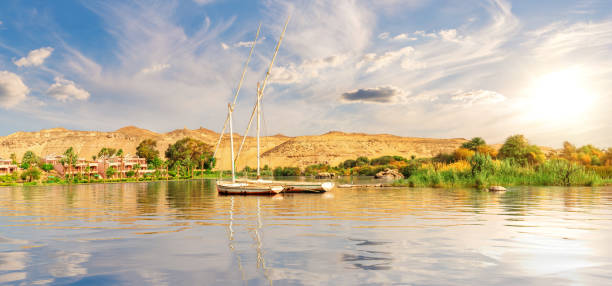 The Nile view in the Aswan desert, Egypt.