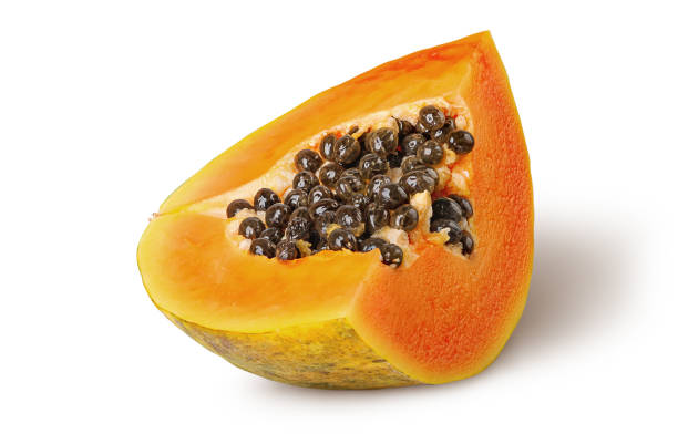 istock Single segment of ripe papaya isolated on white 1355314032