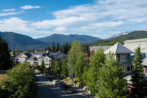 Summer scenic image of Whistler Village featuring accommodation properties. Top travel destinations in Canada.