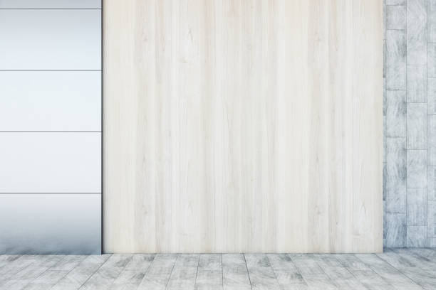 istock Abstract wooden interior with empty mock up place on concrete tile wall and floor. Exhibition concept. 3D Rendering. 1355318265