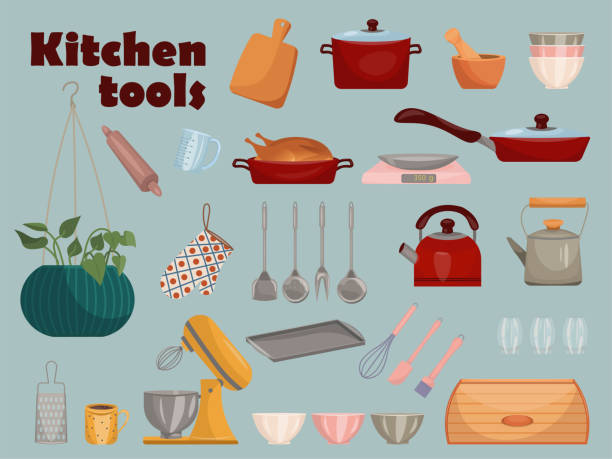 bildbanksillustrationer, clip art samt tecknat material och ikoner med set of vector kitchen equipments. kitchen tools objects. kitchen utensil design elements set. vector illustration in cartoon style - bakplåt