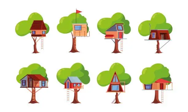 Vector illustration of Wooden house on tree. Children funny room tree entertainment for kids garish vector flat illustrations