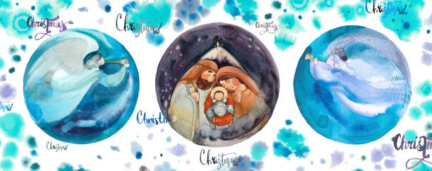 illustrations, cliparts, dessins animés et icônes de fond de noël avec une crèche: marie, joseph et l’enfant jésus dans une crèche, claironnant des anges chantant sur un fond abstrait de taches. pour les conceptions et les produits de sites web chrétiens - trumpeting