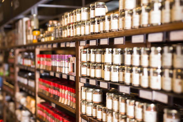 istock Spices on shelves in store 1355320956