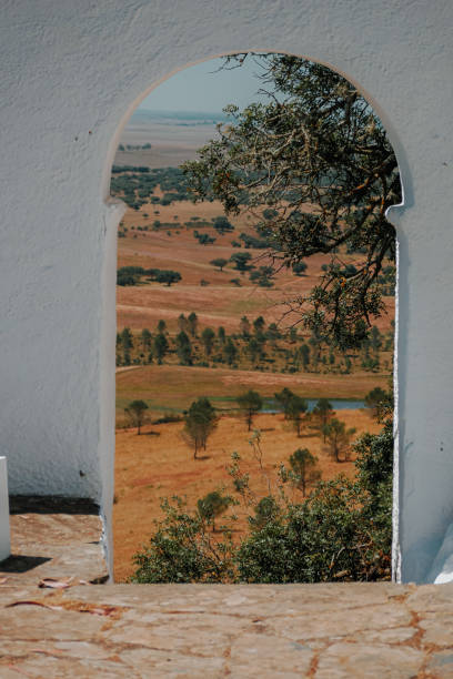 beautiful countryside landscape view doorway frame - alentejo imagens e fotografias de stock