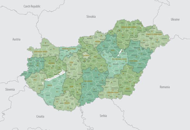 Detailed map of Hungary with administrative divisions into counties and districts, major cities of the country, vector illustration onwhite background Detailed map of Hungary with administrative divisions into counties and districts, major cities of the country, vector illustration onwhite background central european time stock illustrations
