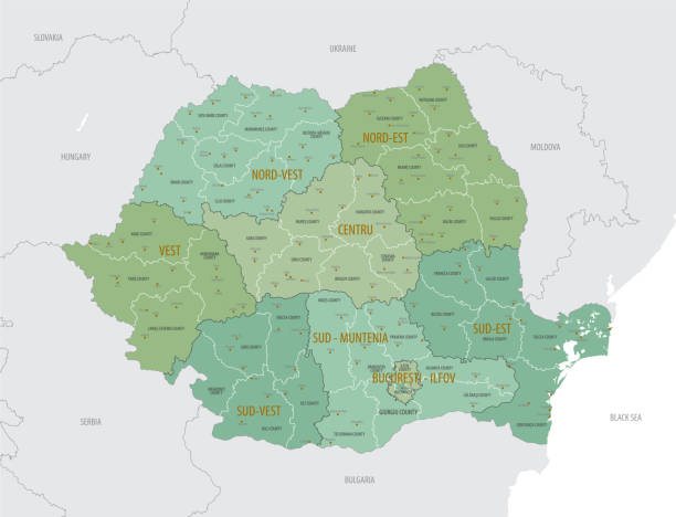 stockillustraties, clipart, cartoons en iconen met detailed map of romania with administrative divisions into regions and counties, major cities of the country, vector illustration onwhite background - roemenië