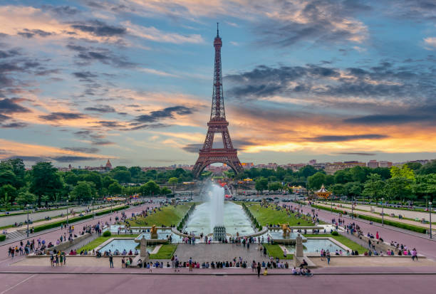 Eiffel Tower and Trocadero square in Paris, France stock photo