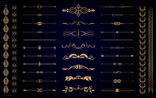 ilustrações de stock, clip art, desenhos animados e ícones de set of vector gold vintage decorative elements for wedding decor and book decoration - repartição