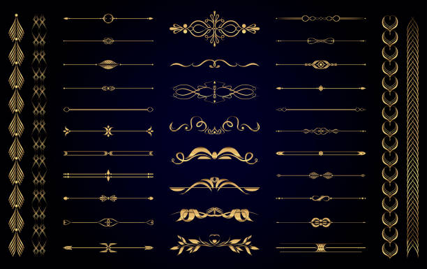 Set of vector gold vintage decorative elements for wedding decor and book decoration Set of vector gold vintage decorative elements for wedding decor and book decoration gold metal silhouettes stock illustrations