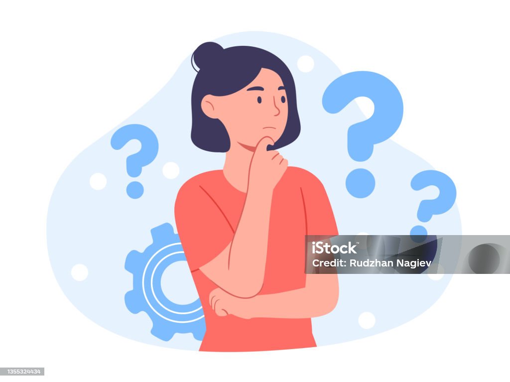 Young woman doubts and questioning everything Young woman doubts and questioning everything. Young girl in casual clothes surrounded by a question mark. Flat cartoon vector illustration. Contemplation stock vector
