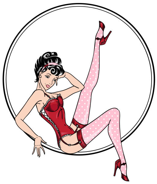 Pin-up classic sexy girl feet up sitting in circle Pin-up classic sexy girl feet up sitting and dancing in circle 40s pin up girls stock illustrations