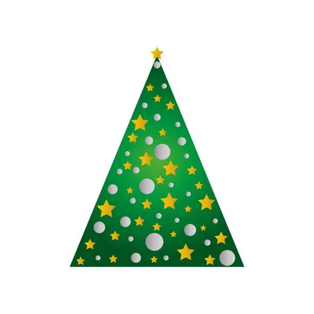 Vector illustration of Icon set with green spruce and decorated christmas tree in a pot with star, decoration balls, Merry Christmas and a happy new year greeting card element, flat design vector illustration.