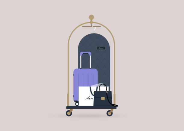 ein hotelgepäckwagen beladen mit koffern und taschen - luggage cart stock-grafiken, -clipart, -cartoons und -symbole