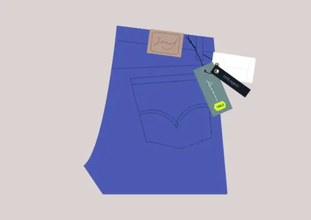 Vector illustration of A pair of folded blue jeans with a label tag, casual clothes