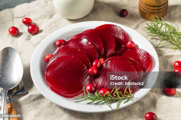 Healthy Red Holiday Canned Cranberry Sauce Stock Photo - Download Image Now - Appetizer, Berry, Can