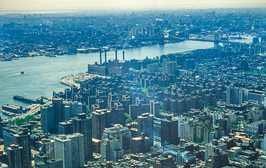 NEW YORK, UNITED STATES MAY 1970: Aerial view of Manhattan in 70's
