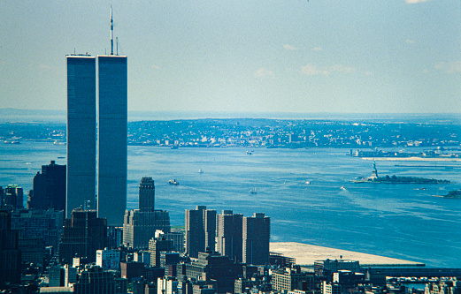 NEW YORK, UNITED STATES MAY 1970: New york aerial view with twin towers in 70's