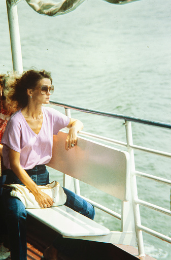 NEW YORK, UNITED STATES MAY 1970: Woman travels by ferry in 70's