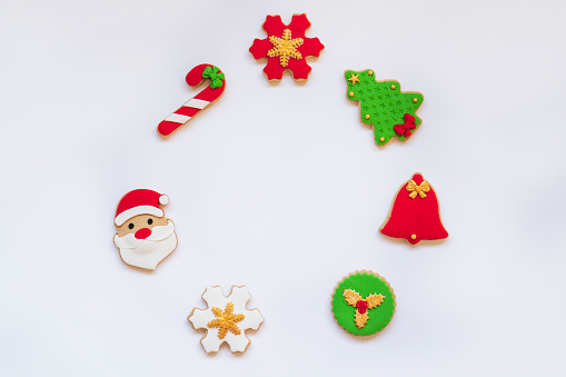 Collection of various colorful Christmas cookies isolated on white background