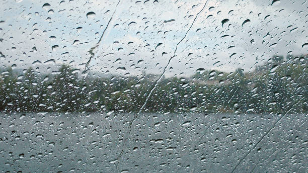 Landscape through the window in a rainy day.