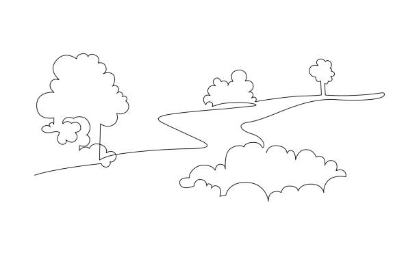 illustrazioni stock, clip art, cartoni animati e icone di tendenza di parco paesaggistico con sentiero e alberi. disegno a linee continue. illustrazione vettoriale. - alberato