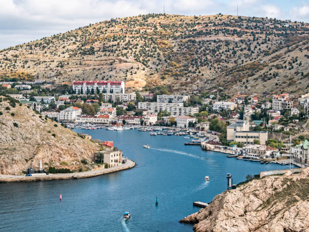 Balaklava bay in Crimea Balaklava bay travel destination in Crimea. Sea port with ships and houses crimea photos stock pictures, royalty-free photos & images