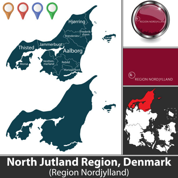 North Jutland Region North Jutland Region with municipalities and location on Danish map. Vector image. There is inscription in original Danish language - Region Nordjylland aalborg stock illustrations