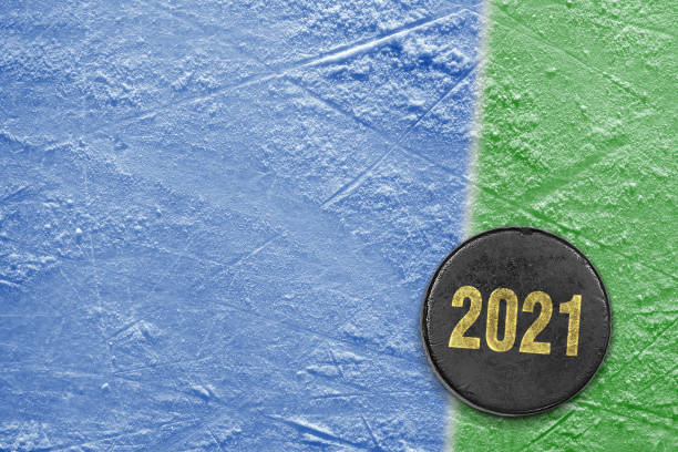 istock Ice hockey puck on blue ice with green stripe 1355337149