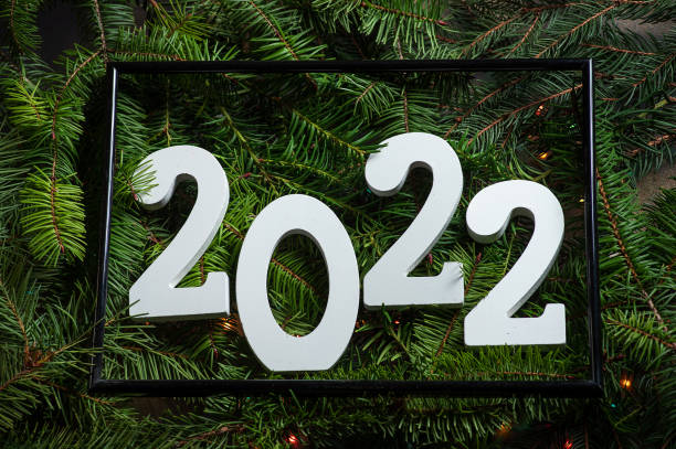 istock Christmas Fir tree brunch textured background and number 2022. 1355338982
