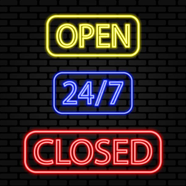 istock neon signs open, closed, around the clock for cafes, restaurants, bars, shops and other establishments 1355344238