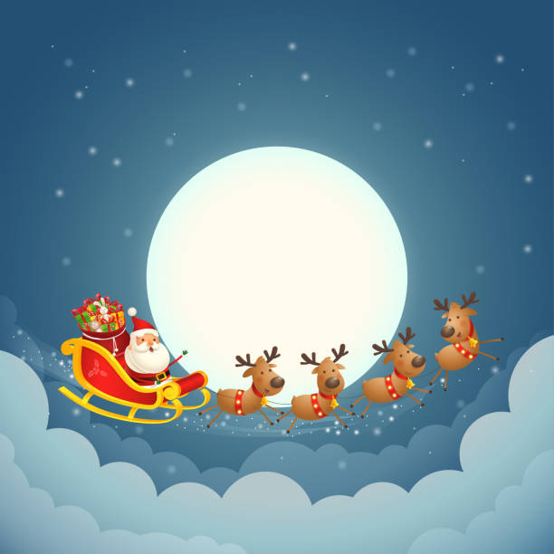 istock Santa Claus sleigh - silhouette on moon - Christmas background 1355345121