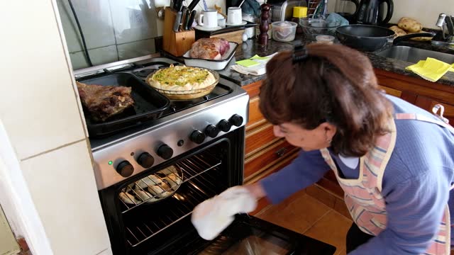 Adult woman puts in the oven a tray of empanadas