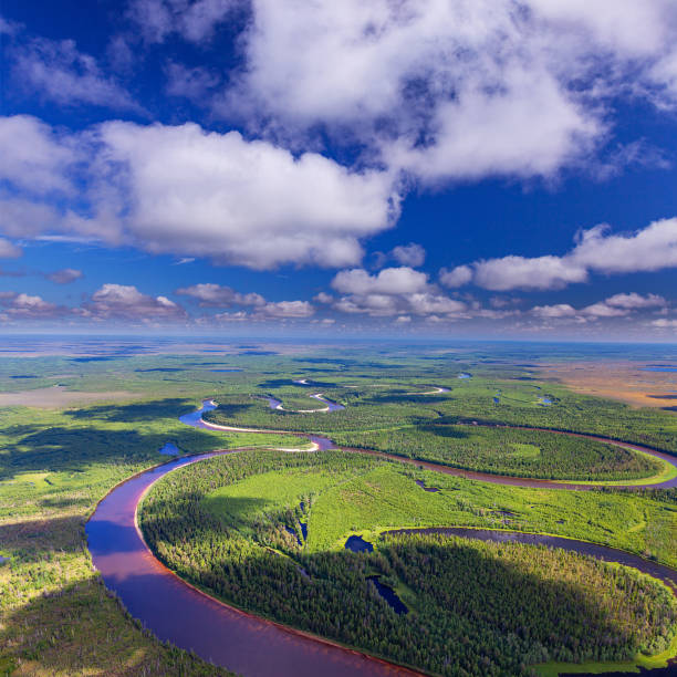 photo aérienne de forest river - horizon over water white green blue photos et images de collection