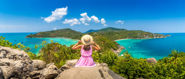 Woman and Aerial view of Koh Tao Panorama of  Woman traveler wearing pink dress and straw hat at viewpoint with Panoramic aerial view of Koh Tao island, Thailand koh tao thailand stock pictures, royalty-free photos & images